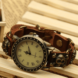 trendha Vintage Retro Style Men Watch Cow Leather Bracelet Watch Adjustable Skull Quartz Watch