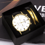 trendha Fashion Business Men Watch Bracelet Set 2Pcs Calendar Clock Alloy Case Leather Band Male Quartz Watch