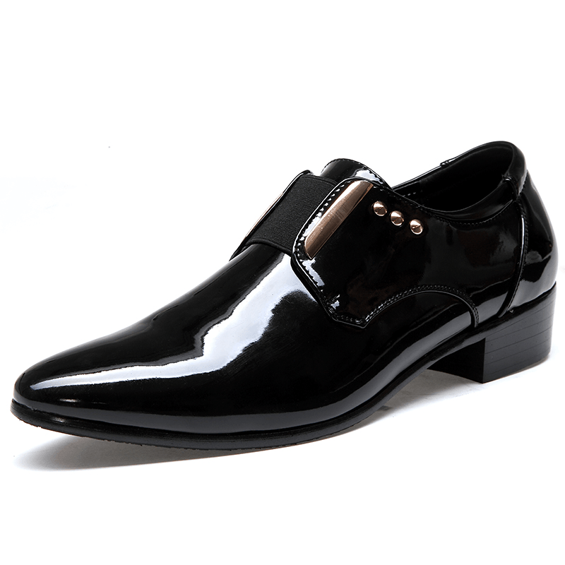 elvesmall Men Patent Leather Glossy Pointed Toe Slip-On Dress Shoes