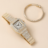 trendha Fashion Alloy Business 2 PCS Square Full Diamond Steel Band Quartz Watch Bracelet Set