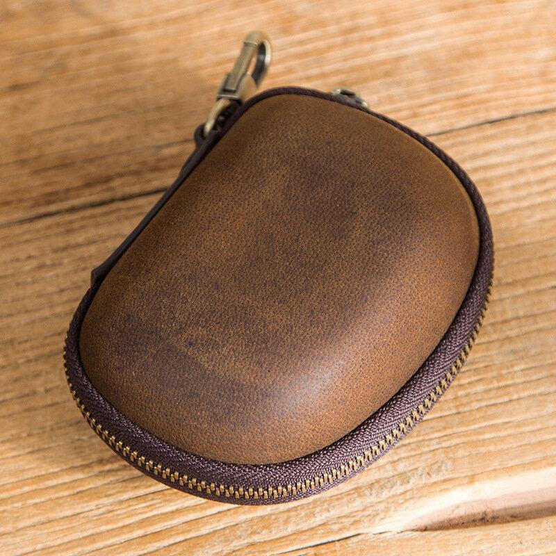 elvesmall Men Genuine Leather Horse Leather Vintage Mini Zipper Keychain Coin Purse Waist Bag Wallet