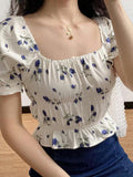 elvesmall Puff Sleeve Casual Floral Summer Blouse For Women