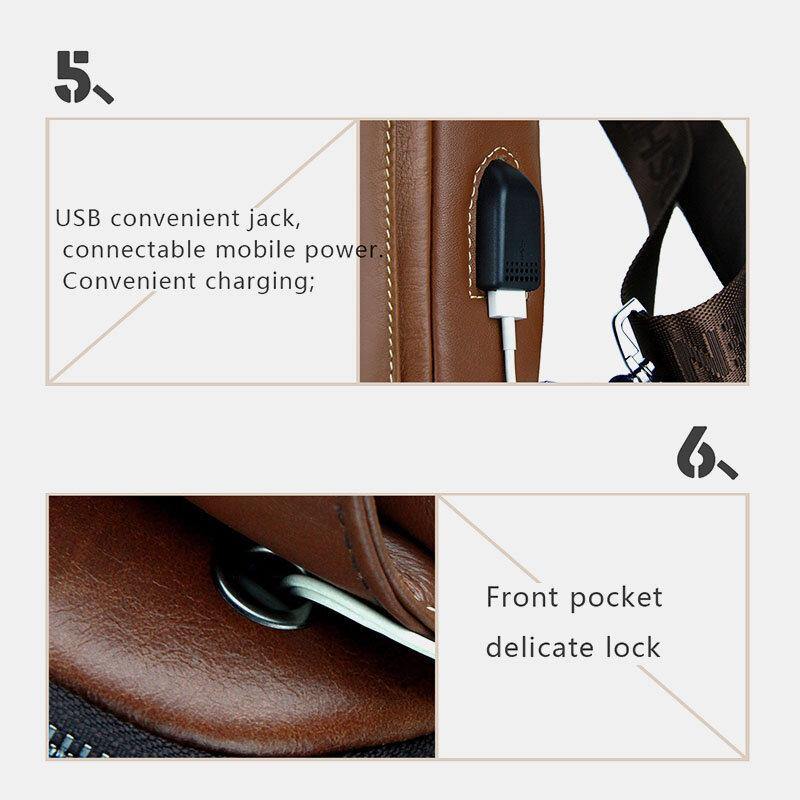 elvesmall Men Genuine Leather USB Charging Retro Casual Cowhide Chest Bag Sling Bag Crossbody Bag