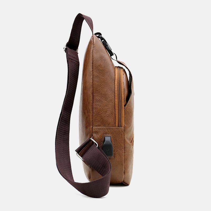 elvesmall Men Faux Leather USB Charging Earphone Travel Retro Business Chest Bag Crossbody Bag