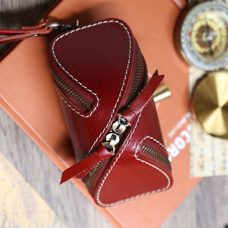 elvesmall Men Genuine Leather Solid Color Oval Zipper Retro Key Case Card Case Clutch Bags