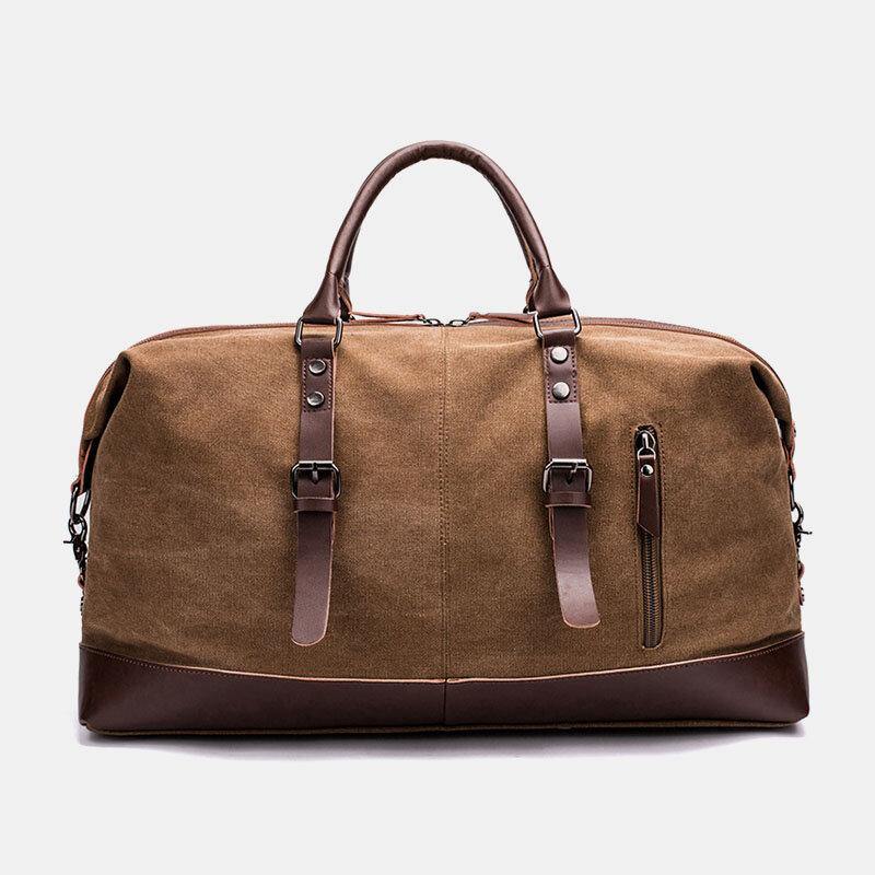 elvesmall Men Canvas PU Leather Large Capacity Multi-Pocket Handbag Shoulder Bag Travel Bag Duffle Bag Crossbody Bag