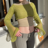 Elvesmall  Solid Knitted Crop Top Sun Protetcion Breathable y2k T Shirt O Neck Long Sleeve Smock Top Retro Basic Fashion Tee Chic
