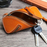 elvesmall Men Genuine Leather Solid Color Oval Zipper Retro Key Case Card Case Clutch Bags
