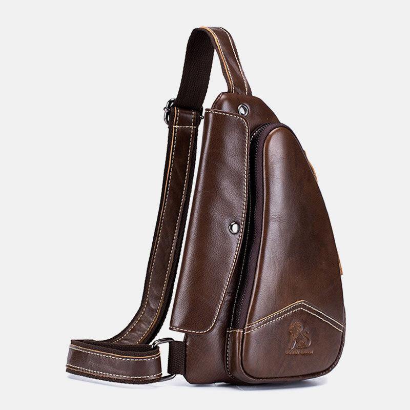 elvesmall Men Genuine Leather Cowhide Triangle Shape Fashion Retro Business Shoulder Bag Chest Bag