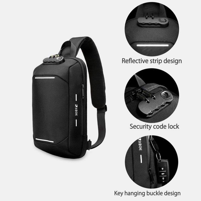 elvesmall Men Oxford Password Lock Anti-theft Reflective Strip Design Waterproof Multi-pockets Crossbody Sling Bag Chest Bag