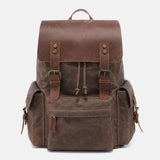 elvesmall Men Canvas Genuine Leather Cowhide Retro Large Capacity 14 Inch Laptop Bag Waterproof Backpack
