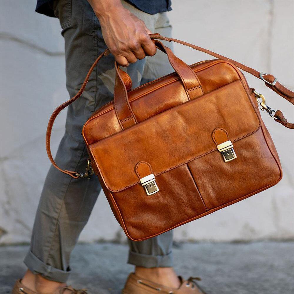 elvesmall Men PU Leather Multi-pocket 14 Inch Laptop Bag Messenger Bag Travel Crossbody Bag Handbag