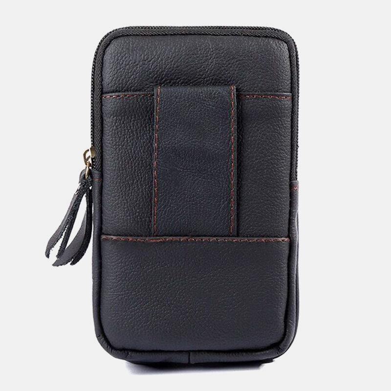 elvesmall Men Genuine Leather Retro Business Waterproof 6.3 Inch Phone Bag Waist Bag With Belt Loop