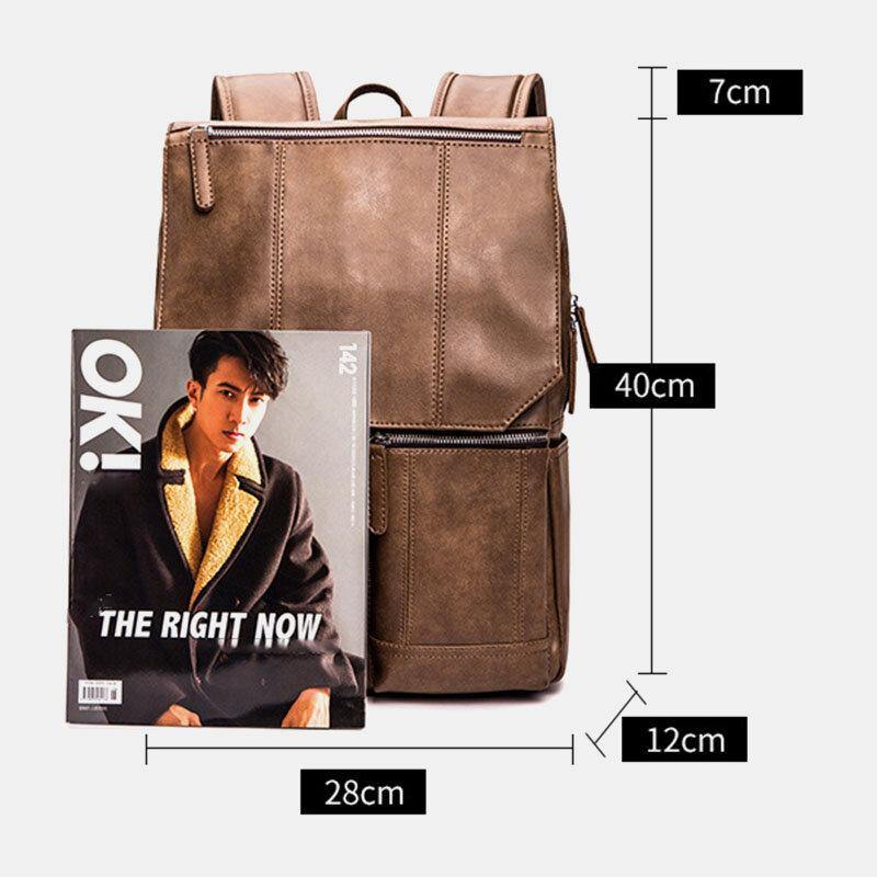 elvesmall Men PU Leather Retro Business Casual Style Large Capacity 14 Inch Laptop Bag Student School Bag Travel Backpack