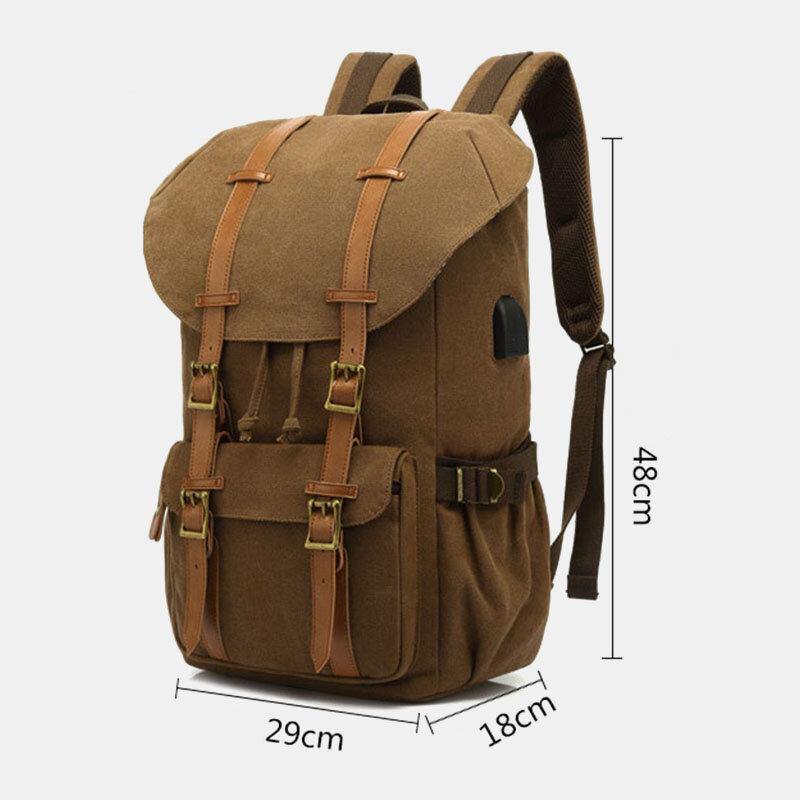 elvesmall Men Genuine Leather And Canvas USB Charging Retro Travel Outdoor Large Capacity Backpack