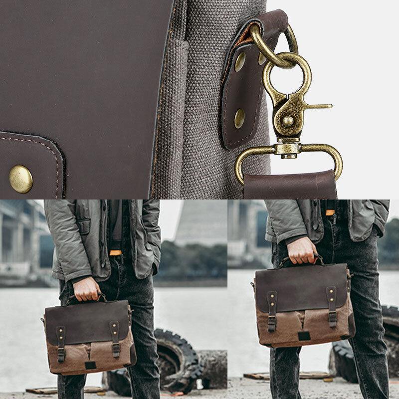 elvesmall Men Canvas Large Capacity Cover Zipper Vintage Business Messenger Bag Laptop Bag Crossbody Bag Handbag