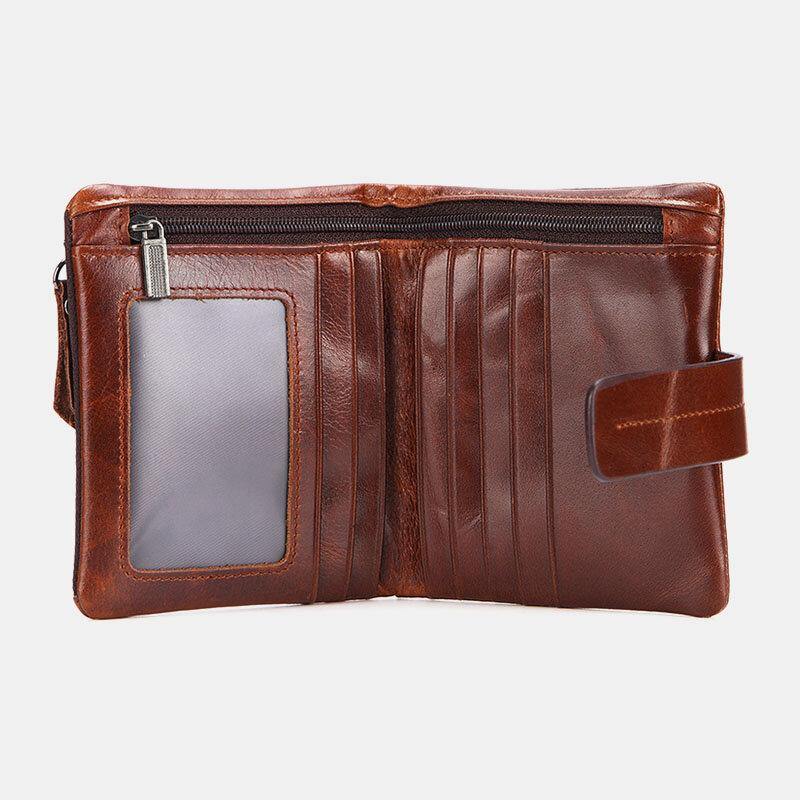 elvesmall Men Genuine Leather Retro Zipper Cowhide Multi-slot Card Holder Wallet