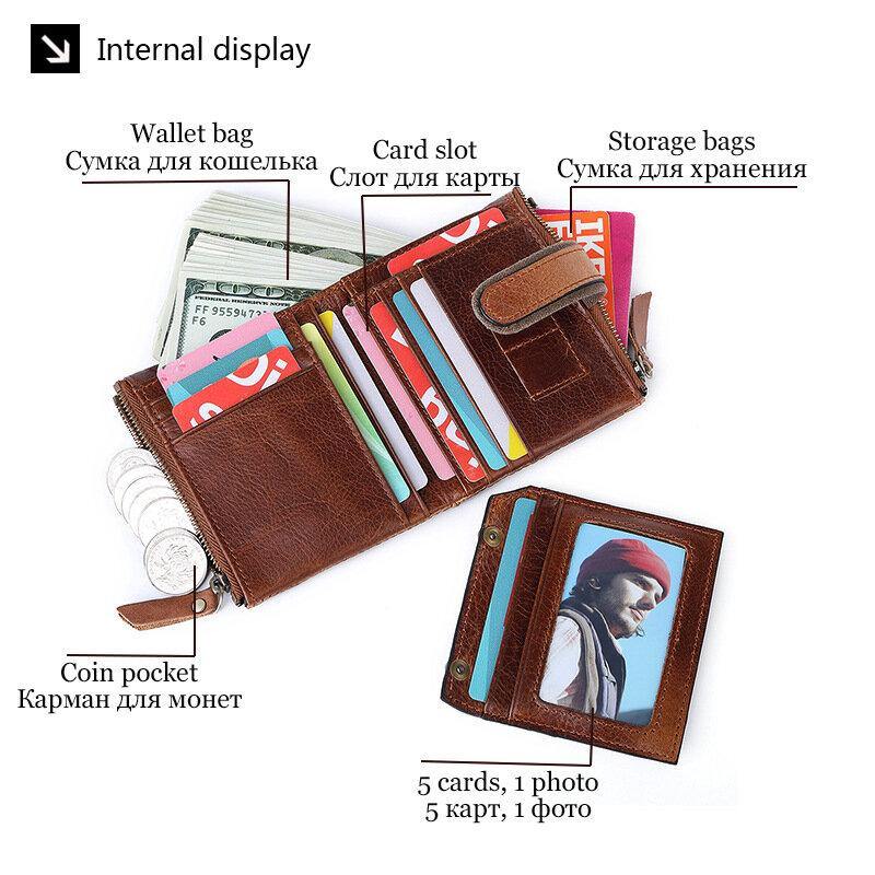 elvesmall Men Genuine Leather RFID Anti-theft Retro Zipper Cowhide Chain Multi-slot Card Holder Wallet