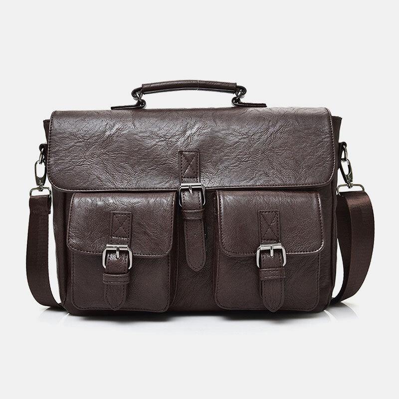 elvesmall Men PU Leather Canvas Large Capacity 14 Inch Multifuntion Briefcase Crossbody Bags Handbag Backpack