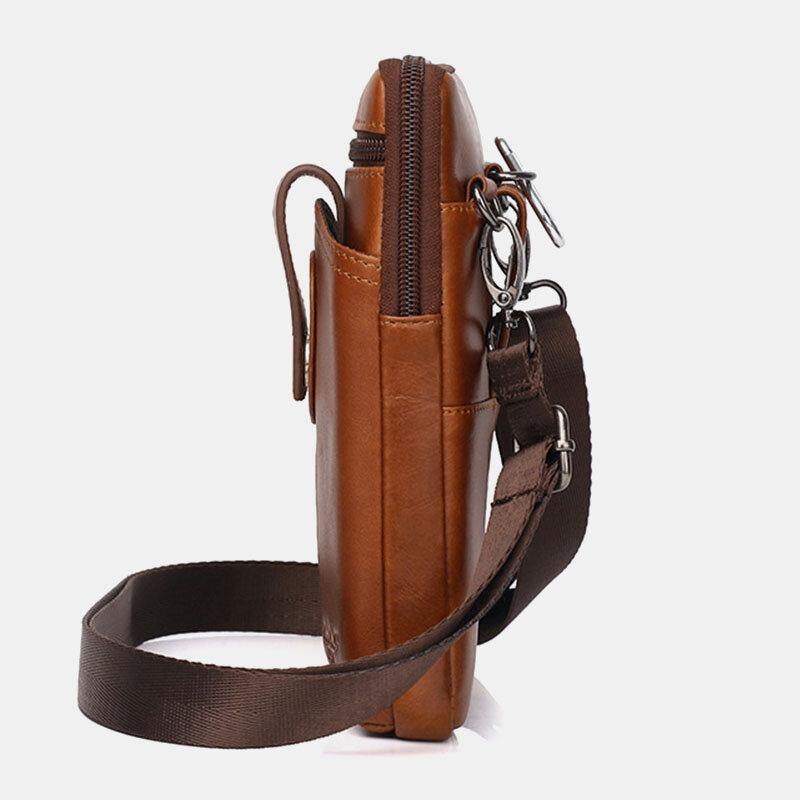 elvesmall Men Genuine Leather Vintage Multifunctional 6.5 Inch Zipper Hasp Phone Bag Crossbody Bag Waist Bag