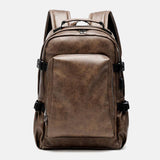 elvesmall Men PU Leather USB Charging Business Casual Waterproof 14 Inch Laptop Bag Student School Bag Adjustable Backpack