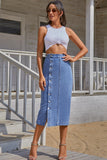 elvesmall Urban Chic Split Buttoned Denim Midi Skirt