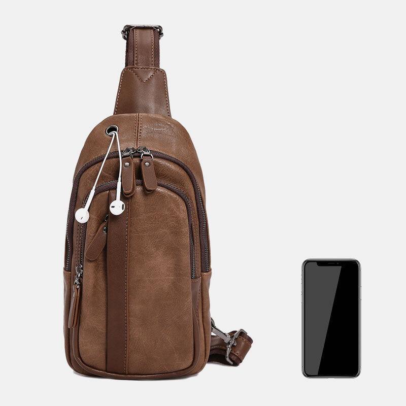 elvesmall Men PU Leather Multi-Pocket Earphone Hole Crossbody Bag Chest Bag Sling Bag