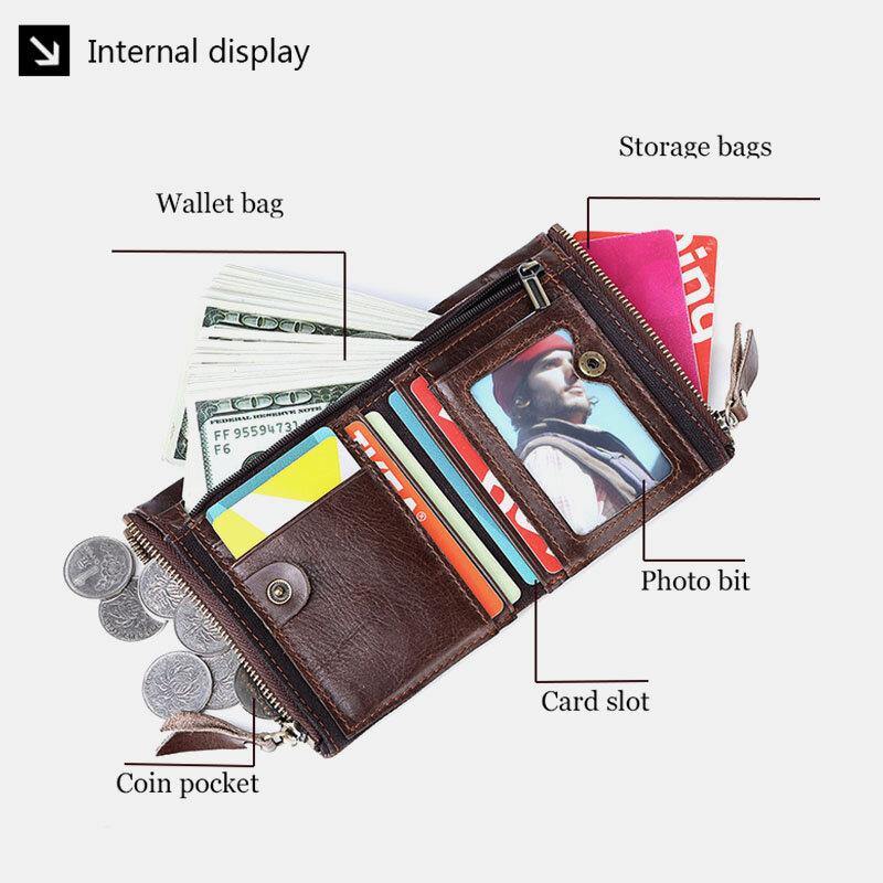 elvesmall Men Genuine Leather RFID Blocking Anti-theft Retro Business Double Zipper Card Holder Wallet