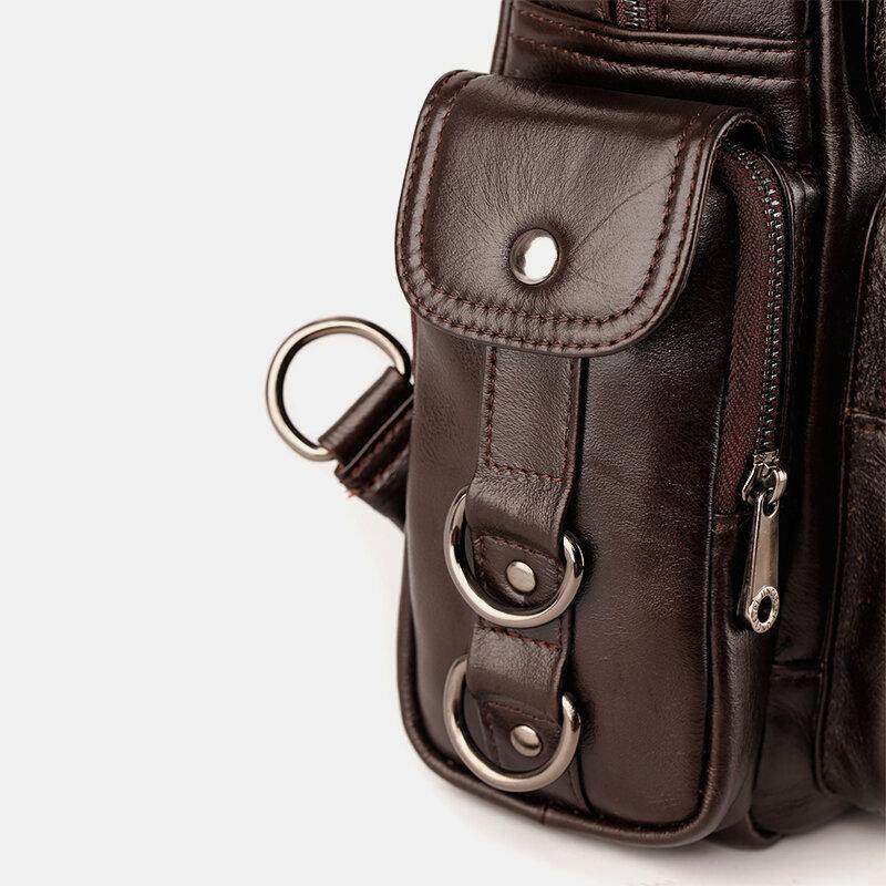 elvesmall Men Genuine Leather Multifunction Multi-Carry Outdoor Travel Cowhide Crossbody Bag Backpack