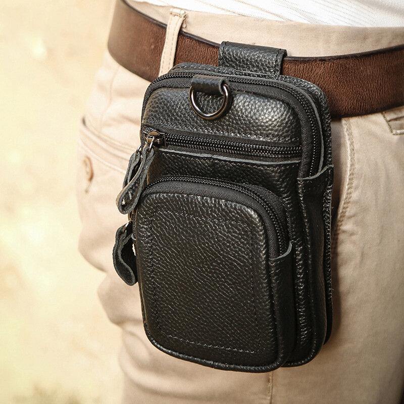 elvesmall Men Genuine Leather Multi-pocket Belt Bag Retro 6.5 Inch Phone Bag Waist Bag With Hook