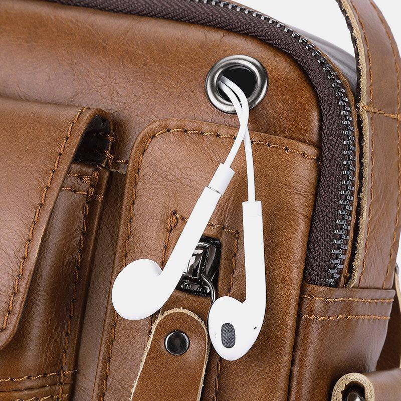 elvesmall Men Genuine Leather Multi-pocket Headphone Hole Vintage 6.5 Inch Phone Bag Crossbody Bag Shoulder Bag Messenger Briefcase