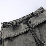 elvesmall Low Waist Punk Belt Denim Skirt Retro Fashion Versatile Miniskirt Women
