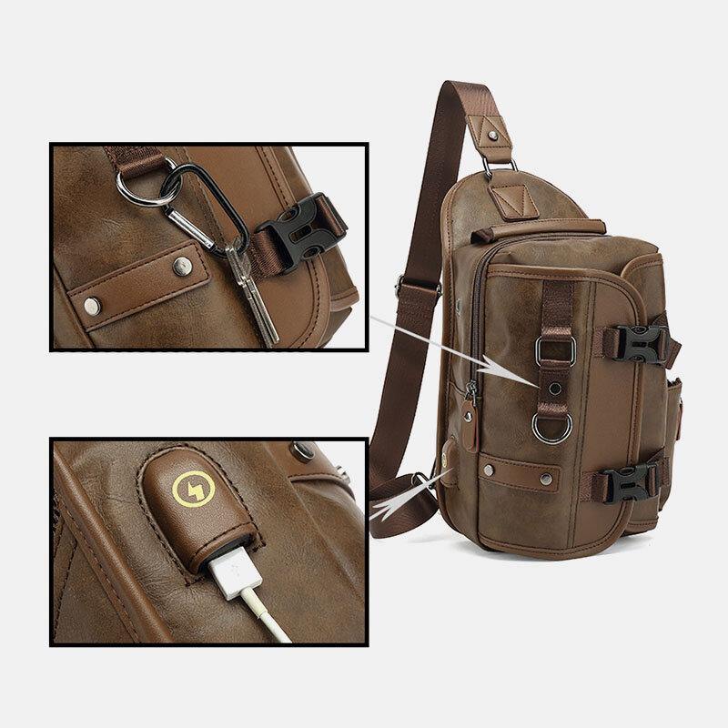 elvesmall Men PU Leather Vintage Multifunction Earphone Hole USB Charging Crossbody Bag Chest Bag Sling Bag