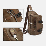elvesmall Men PU Leather Vintage Multifunction Earphone Hole USB Charging Crossbody Bag Chest Bag Sling Bag