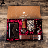 trendha Set of 5 Business Gifts: Chronograph Men's Quartz Watch, Belt, Wallet, Glasses, and Tie Kit