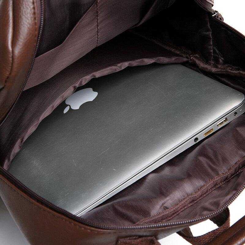 elvesmall Men Faux Leather Multi-pocket Waterproof Business Outdoor Wear-resistant 14 Inch Laptop Bag Backpack