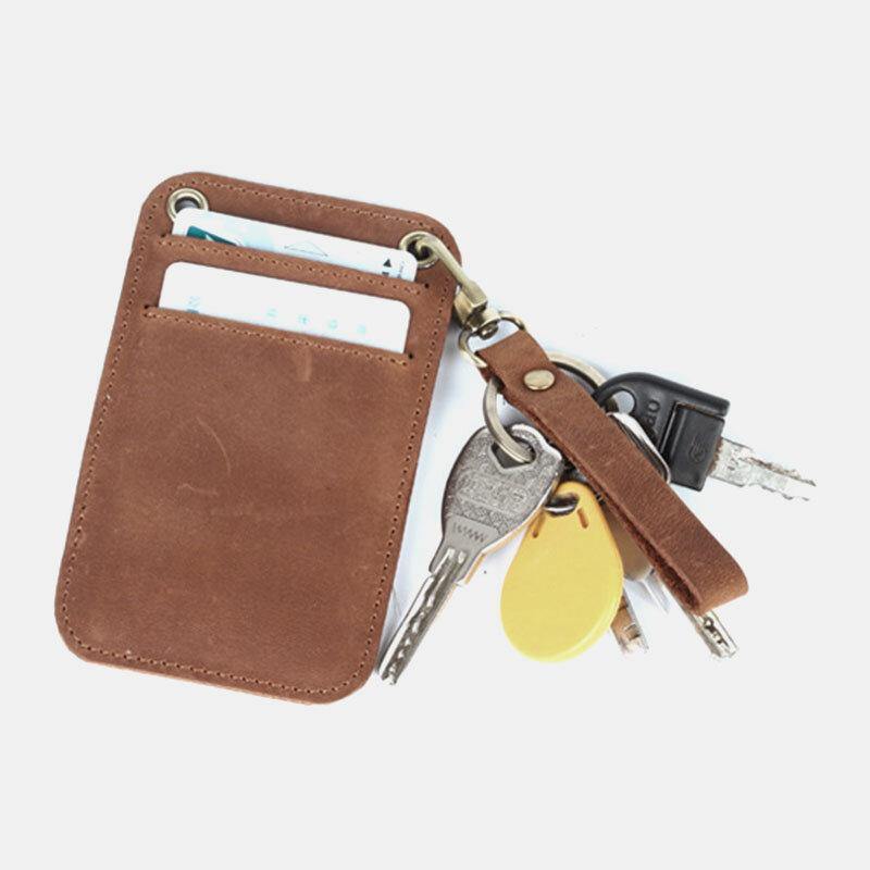 elvesmall Men Genuine Leather Retro Mini License Card Wallet Card Case With Keychain Ring