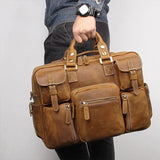 elvesmall Men Genuine Leather Detachable Strap Large Multi-Pocket 15.6 Inch Laptop Bag Briefcase Messenger Bag Crossbody Bags
