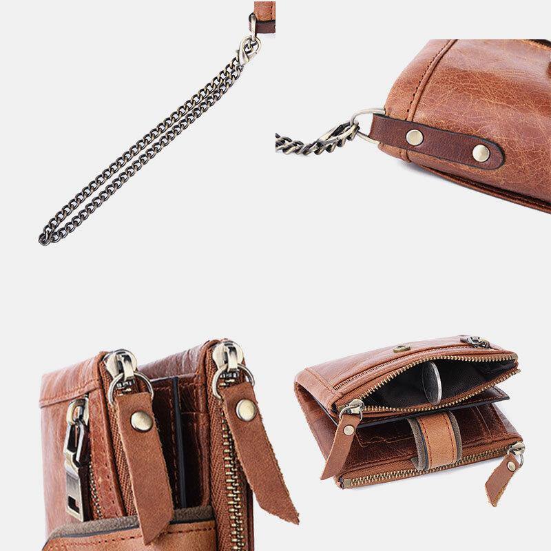 elvesmall Men Genuine Leather RFID Anti-theft Retro Zipper Cowhide Chain Multi-slot Card Holder Wallet