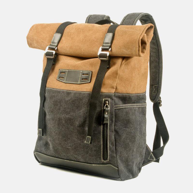 elvesmall Men Genuine Leather Cowhide and Canvas Patchwork Outdoor Waterproof Anti-theft Hiking 14 Inch Laptop Backpack