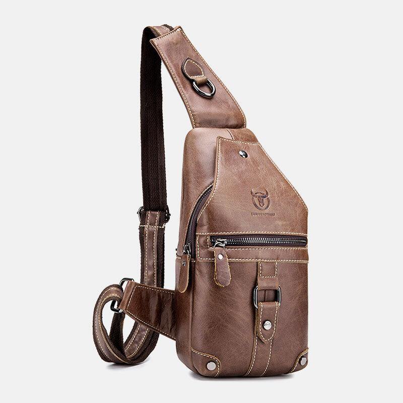 elvesmall Men Genuine Leather Multi-Pocket Anti-Theft Wear-Resistant Vintage Casual Crossbody Bag Chest Bag