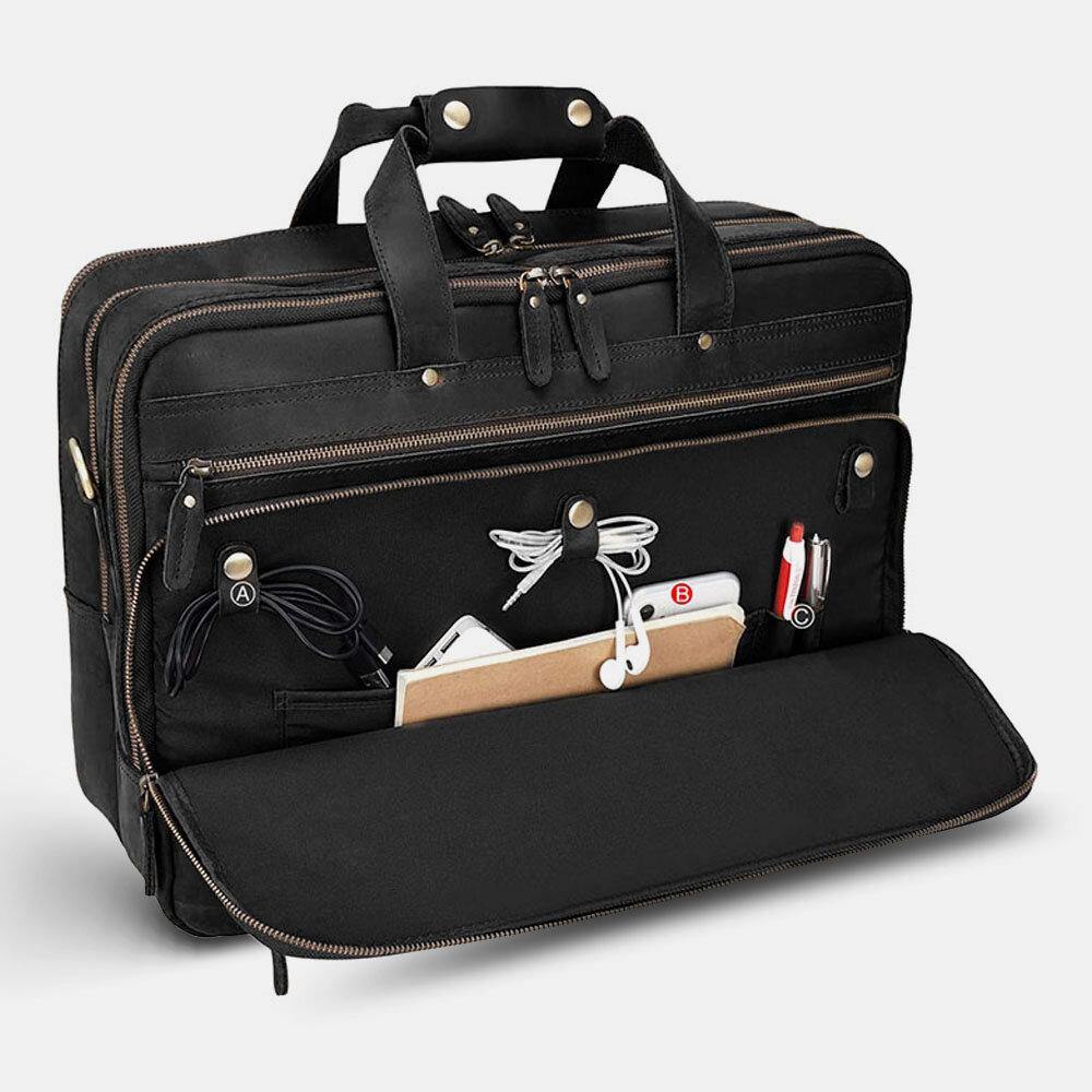 elvesmall E Ekphero Men PU Leather Multifunction Large Capacity Vintage 14 Inch Laptop Bag Multi-Layers Briefcase Handbag Crossbody Bag