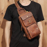 elvesmall Men Genuine Leather Cowhide Retro Fashion Chest Bag Crossbody Bag Sling Bag