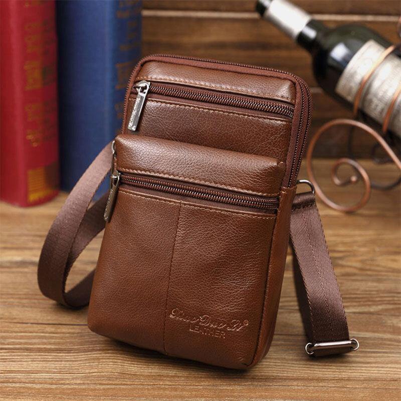 elvesmall Men's Genuine Leather Mini Multifunctional Messenger 7 Inch Phone Bag Waist Bag Crossbody Bag