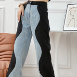 elvesmall Black And Blue Wavy Denim Splicing Straight Wide Leg Pants