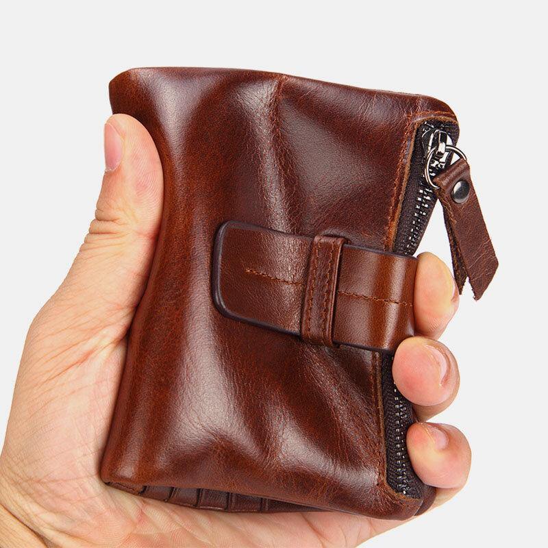 elvesmall Men Genuine Leather Retro Zipper Cowhide Multi-slot Card Holder Wallet