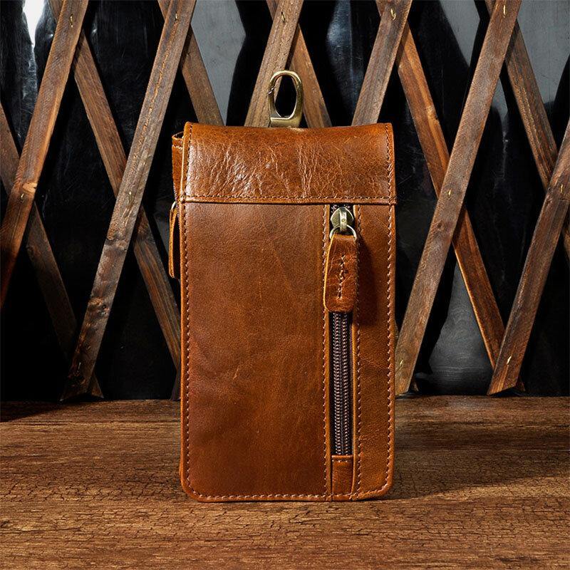 elvesmall Men EDC Genuine Leather Vintage Outdoor 7 Inch Phone Camera Bag Waist Bag Wallet With Hook