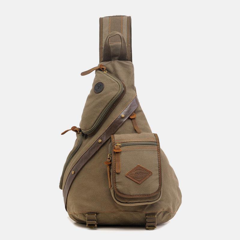 elvesmall Men Genuine Leather And Canvas Travel Outdoor Carrying Bag Multi-pocket Crossbody Bag Chest Bag