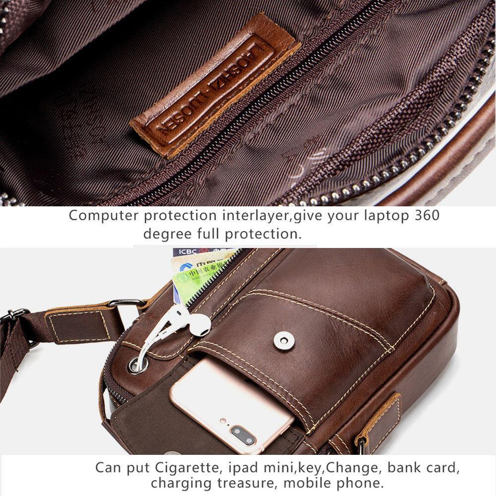 elvesmall Men Genuine Leather Wear-resistant Headphone Hole Multi-pocket Vintage Crossbody Bag Shoulder Bag