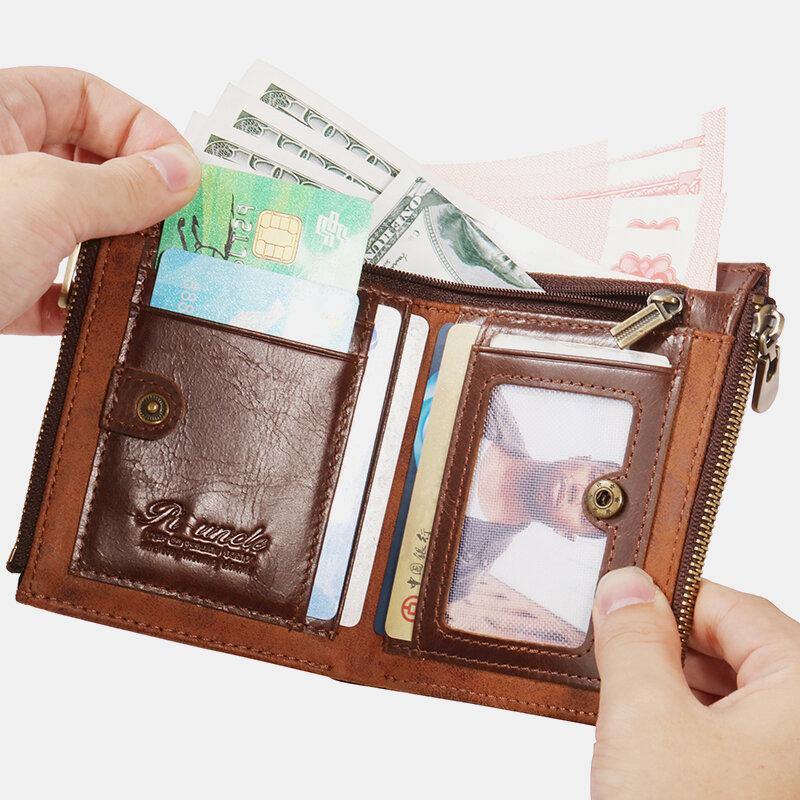 elvesmall Men Bifold RFID Anti-theft Genuine Leather Wallets Short Large Capacity Multi-card Slot Card Holder Coin Purse Money Clip